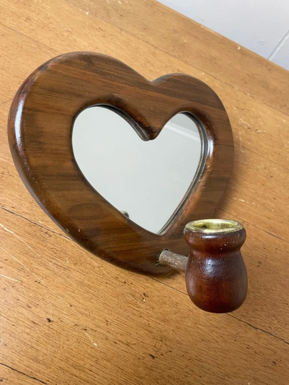 Vintage Wooden Heart Shaped Mirror Candlestick Holder